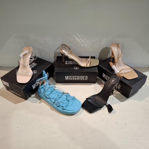 30 X BRAND NEW PAIRS OF MISSGUIDED SHOES LOT TO INCLUDE CHUNKY FLATFORM GLADIATOR SANDAL IN BLUE , SQUARE TOE HIGH HEEL TIE UP SANDALS IN SAND , PERSPEX BLOCK HEEL MULE SANDAL IN SAND ETC ALL IN SIZE 6