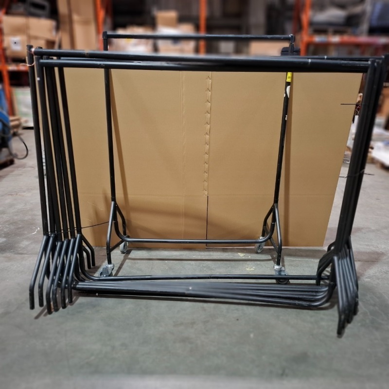 7 X BLACK CLOTHES RAILS - 6 X HEIGHT 1.5M , L 1.85M NO WHEELS 1 X LARGE RAIL WITH WHEELS H 1.65M , L 1.22M