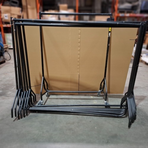 7 X BLACK CLOTHES RAILS - 6 X HEIGHT 1.5M , L 1.85M NO WHEELS 1 X LARGE RAIL WITH WHEELS H 1.65M , L 1.22M