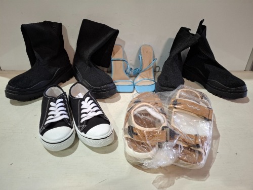 30 X MIXED SHOES LOT TO INCLUDE HIGH HEELS IN BLUE IN SIZE 36 , SANDALS IN BROWN/BEIGE IN SIZE 37 , COVERSE IN WHITE AND BLACK IN SIZE 1 ETC IN ONE TUB