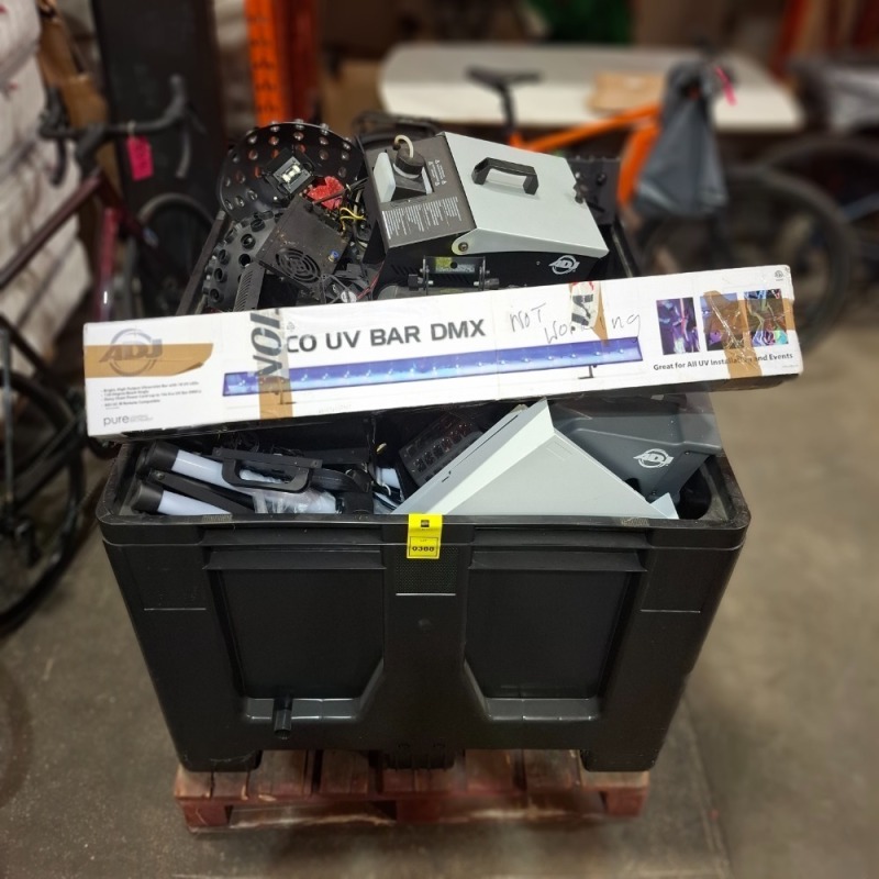 FULL PALLET OF GRADE D ADJ LIGHTING EQUIPMENT TO INCLUDE BUBBLETRON GO MACHINE - ROYAL SKY LIGHT - ECO UV BAR DMX - VF400 MACHINE - MISTER KOOL 2 - VF1600 MACHINE - ETC - GRANDE D = DAMAGES & SPARES PLASTIC PALLET BOX IS INCLUDED