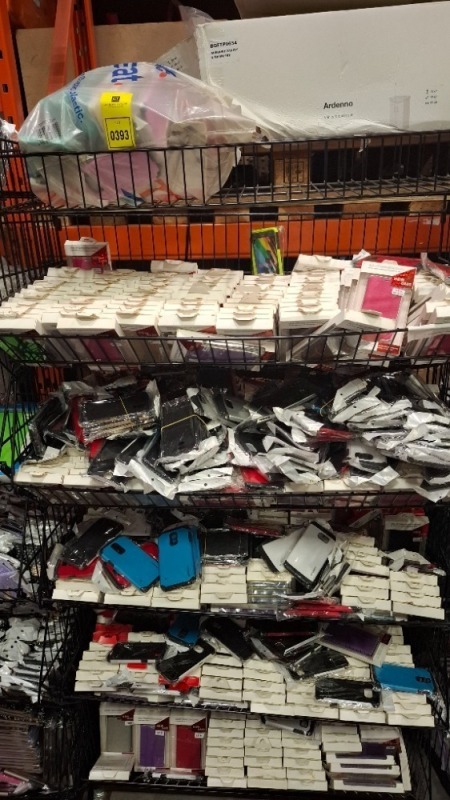 APPROX 500 X BRAND NEW MIXED PHONE CASES LOT TO INCLUDE SAMSUNG S6 CASES - SAMSUNG S6 EDGE CASES - SAMSUNG S3 MINI CASES - S4 MINI CASES - SAMSUNG S5 CASES - XPERIA XZ2 CASES - Z3 MINI CASES ON MOBILE METAL STAND WHICH IS INCLUDED