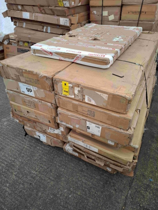 15 X MIXED FLATPACK FURNITURE LOT CONTAINING, LANCASTER 4 PIECE BEDROOM SET IN CREAM, HOMELI LANC 3 PIECE SET IN BLUE, LANCASTER 3 PIECE BEDROOM SET IN BLUE / SLATE, HL CARL MIRROR CABINET IN WHITE OAK, ETC, ON 1 PALLET, ITEMS MAY BE PART ONLY / CUSTOMER 