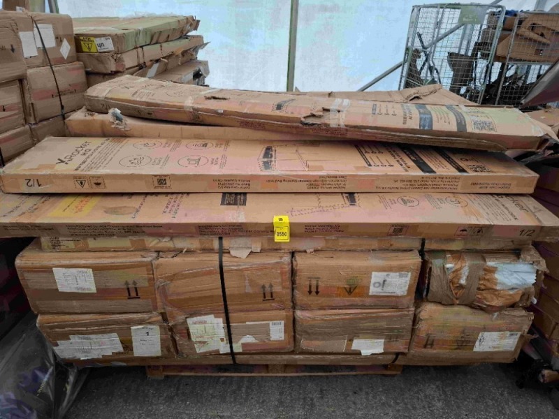 15 X MIXED FLATPACK FURNITURE LOT CONTAINING, HIGH SLEEPER GAMING WITH DESK IN BLACK / RED, LANCASTER 4 PIECE BEDROOM SET IN GREY, HL 8 DRAW CHEST IN WHITE , HOMELI TEBURY 3 DRAW IN GREY ETC, ON 1 PALLET, MAY BE PARTS ONLY / CUSTOMER RETURNS