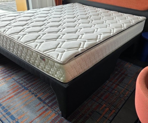 KING SIZE BED WITH EPEDA ALL SEASON MATTRESS WITH SOLID BED FRAME WITH METAL / WOODEN SLATS IN SIZE 2M X 160CM X 70 CM (PLEASE NOTE CAME FROM X HOTEL - BED SIZE ACTUALLY A EUROPEAN KING) BED FRAMES ARE RELATIVELY EASY TO BREAK DOWN AND RE-ASSEMBLE VIEW