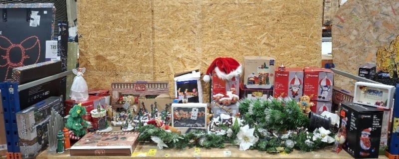 50 X MIXED CHRISTMAS DECORATIONS TO INCLUDE MUSICAL ANIMATED PARACHUTING SNOWMAN 45CM APPROX HEIGHT , LED ANIMATED SANTA BOOT HOUSE 24CM , 30CM SOFT ACRYLIC SKATING PENGUIN LIGHT SCULPTURE 30 LEDS , SANTA'S MUSICAL TRAIN 2.83M OF TRACK APPROX ETC OVER A F