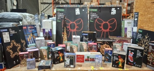 40 X MIXED LED CHRISTMAS DECORATIONS TO INCLUDE 1.8M LIT INFLATABLE GINGERBREAD MAN , 30CM SOFT ACRYLIC SKATING PENGUIN LIGHT SCULPTURE , 55CM LIT BALL TABLE TOP TREE 24 LEDS , 1M TWINKLING FLEXIBRIGHTS LIGHT SCULPTURE 315 LEDS ETC OVER A FULL SHELF (NOTE