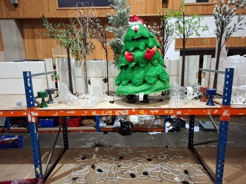 25 X MIXED CHRISTMAS DECORATIONS TO INCLUDE NORBERT SINGING AND DANCING CHRISTMAS TREE , ARTIFICIAL TREE WITH LIGHTS , VARIOUS LIGHT UP CHRISTMAS SILHOUETTE DECORATIONS ETC OVER TWO BAYS (NOTE - CUSTOMER RETURNS)