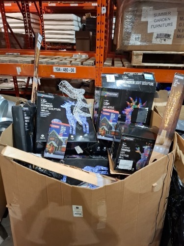 LARGE AMOUNT OF MIXED CHRISTMAS DECORATIONS TO INCLUDE 1.15 SOFT ACRYLIC REINDEER LIGHT SCULPTURE 160 LEDS , 74CM SOFT ACRYLIC SNOWMAN LIGHT SCULPTURE 88 LEDS , 1.2M LIT TWIGS 80 LEDS ETC IN A PALLET BOX (NOTE CUSTOMER RETURNS)