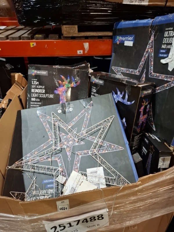 LARGE AMOUNT OF MIXED CHRISTMAS DECORATIONS TO INCLUDE 1.15 SOFT ACRYLIC REINDEER LIGHT SCULPTURE 160 LEDS , 2.1M FLEXIBRIGHTS PYRAMID TREE 580 LEDS , ULTRABRIGHTS DOUBLE STAR 140 LARGE LEDS ETC ON A PALLET BOX (NOTE CUSTOMER RETURNS)