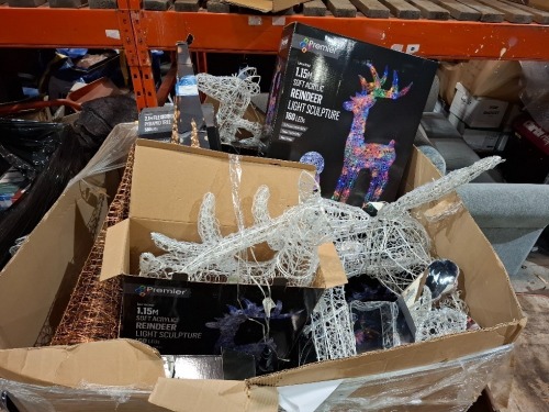 LARGE AMOUNT OF MIXED CHRISTMAS DECORATIONS TO INCLUDE 1.15M SOFT ACRYLIC REINDEER LIGHT SCULPTURE 160 LEDS , SET OF 3 LIT CONES 900 LEDS , 2.1M FLEXIBRIGHTS PYRAMID TREE 580 LEDS ETC ON A FULL PALLET (NOTE - CUSTOMER RETURNS)