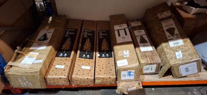 8 X MIXED CHRISTMAS TREES TO INCLUDE PRE LIT SUGAR PINE TREE , TREE ARCH , 1.8M PINE NEEDLE TREE 300 LEDS , GLENSHEE SPRUCE ETC IN A FULL BAY (NOTE CUSTOMER RETURNS)