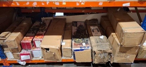 17 X MIXED TREES TO INCLUDE 6FT PRE LIT WITH BAUBLE PACK , FLOCKED TREE ARCH , REAL LOOK MIXED TIP CHRISTMAS TREE 6.5FT ETC OVER A FULL BAY (NOTE - CUSTOMER RETURNS)