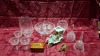 11 X GLASSWARE/ FIGURINES TO INCLUDE 4 CHAMPAGNE GLASSES , 1 GLASS BELL , 1 LARGE GLASS BOWL , 1 GLASS VASE 1 FLOWER VASE AND 3 FIGURINES