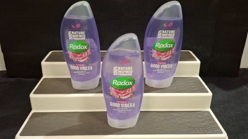 116 X BRAND NEW RADOX GOOD VIBES ROSE WATER AND PINK ELDERFLOWER SCENT SHOWER GEL IN ONE TRAY AND 1 BOX (NOTE - TRAYS NOT INCLUDED)