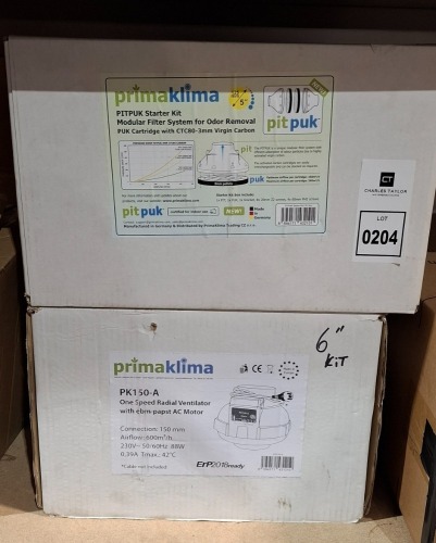 2 X BRAND NEW MIXED LOT TO INCLUDE 1X PRIMA KLIMA FILTER SYSTEM FOR ODOR REMOVAL 5 INCH - 1X PRIMA KLIMA ONE SPEED RADIAL VENTILATOR WITH EBM-PAPST AC MOTOR 6 INCH