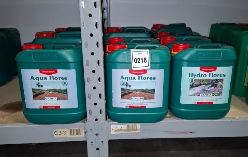 12 X BRAND NEW MIXED CANNA PLANT FERTILISER LOT TO INCLUDE AQUA FLORES A AND B - HYDRO FLORES A AND B ALL IN 5 LITRES