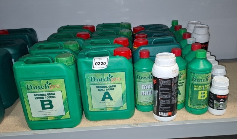 28 X BRAND NEW MIXED PLANT FERTILISER LOT TO INCLUDE DUTCH PRO 5L A AND B - DUTCH PRO HYDRO A AND B 5L - DUTCH PRO BLOOM A AND B 5 L - CANNA HYDRO FLORES A AND B 5 L - METROP MR1 GROW 1 LITRE - DUTCH PRO TAKE ROOT 1 LITRE ETC