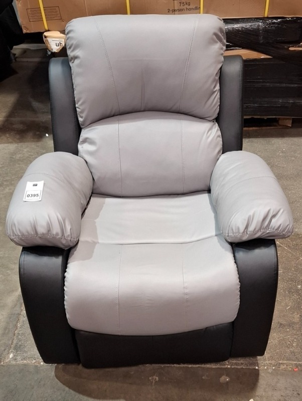 1 X HOME LIFE FAUX LEATHER ARM CHAIR RECLINER IN BLACK & GREY (PLEASE NOTE CUSTOMER RETURNS)