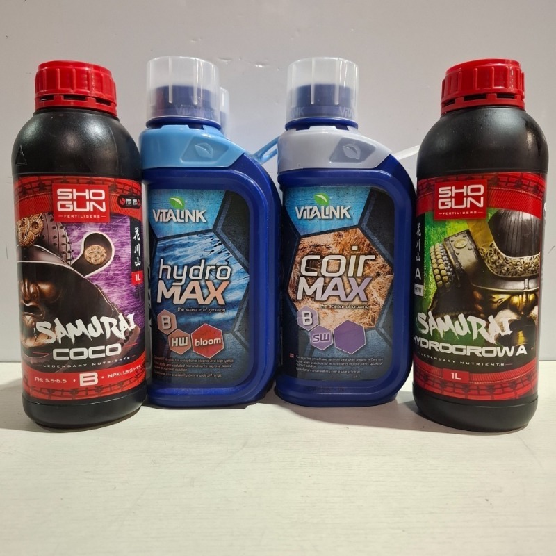 15 X PIECE BRAND NEW MIXED PLANT FERTILISER LOT TO INCLUDE 2X SHOGUN SAMURAI COCO - 3X SHOGUN SAMURAI HYDRO GROW - VITALINK COIRMAX A AND B - VITALINK HYDROMAX - ALL 1 LITRES