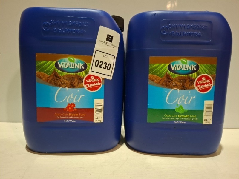 6 X BRAND NEW 10 LITRE VITALINK PLANT FERTILISER LOT TO INCLUDE COCO COIR BLOOM - COCO COIR GROW - ALL 10 LITRES