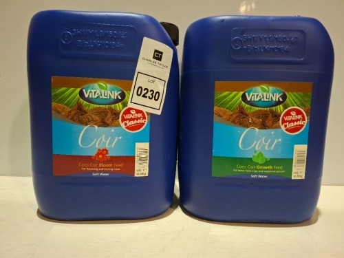 6 X BRAND NEW 10 LITRE VITALINK PLANT FERTILISER LOT TO INCLUDE COCO COIR BLOOM - COCO COIR GROW - ALL 10 LITRES