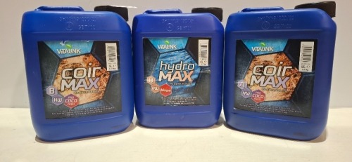 10 X BRAND NEW 5 LITRES VITALINK PLANT FERTILISER LOT TO INCLUDE COIR MAX A AND B - COIR MAX BLOOM - HYDRO MKAC GROW - EARTH MAX GROW - COIR GROWTH FEED ALL 5 LITRES