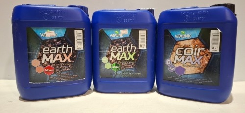 10 X BRAND NEW 5 LITRES VITALINK PLANT FERTILISER LOT TO INCLUDE EARTH MAX GROW - COIR MAX - HYDRO MAX - EARTH MAX BLOOM - ALL 5 LITRES