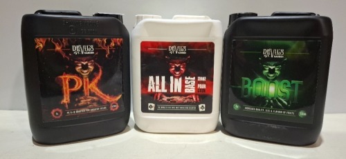 10 X BRAND NEW DEVILS GARDEN PLANT FERTILISER LOT TO INCLUDE PK 9-18 - BOOST - ROOT STIM - ALL IN BASE NUTRIENTS - ATA XK - ALL IN 5 LITRES