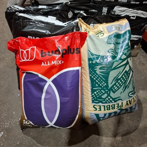 5 X BRAND NEW MIXED GARDENING LOT TO INCLUDE 3X BIO BIZZ 50L ORIGINAL LIGHT MIX POTTING SOIL - 1X 50 LITRES BUDPLUS ALL MIX PLUS - 1X CANNA 50 LITRES CLAY PEBBLES