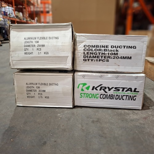 7 X BRAND NEW PIECE MIXED LOT TO INCLUDE 2X KRYSTAL SUPER SILENT ACCOUSTIC DUCTING 10M LENGTH 203MM DIAM - 3X ALUMINIUM FLEXIBLE DUCTING 1X 10M LENGTH - 254 DIAM - 2X 10M LENGTH 203MM DIAM - 2X KRYSTAL COMBINE DUCTING IN BLACK 10M LENGTH - 204MM DIAM