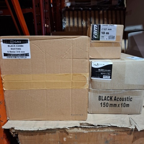 6 X BRAND NEW MIXED LOT TO INCLUDE 3 X GAS BLACK COMBI DUCTING 5M LENGTH 315 DIAM - 1X GAS BLACK COMBI DUCTING 10M LENGTH 315MM DIAM - 1X GAS BLACK ACCOUSTIC COMBI DUCTING 10M LENGTH 152MM DIAM - 1X RAM COMBI DUCTING 127MM DIAM - 10M LENGTH