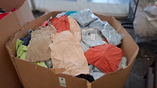 400 + MIXED CLOTHES LOT TO INCLUDE MANGO DENIM JEANS IN BLUE IN SIZE 38 , ROCK & ROCK TANK TOP IN TEAL IN SIZE LARGE , EVANS BAGGY PANTS IN BLACK IN SIZE 26 R ETC IN ONE LARGE PALLET BOX