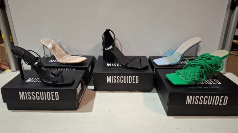 30 X BRAND NEW MISSGUIDED SHOES TO INCLUDE WP MID ILLUSION HEEL CLEAR SANDALS IN NUDE , PERSPEX SQUARE TOE WEDGE HEEL IN BLUE ,CROCHET TIE UP HEELED SANDAL IN GREEN ETC ALL IN SIZE 8