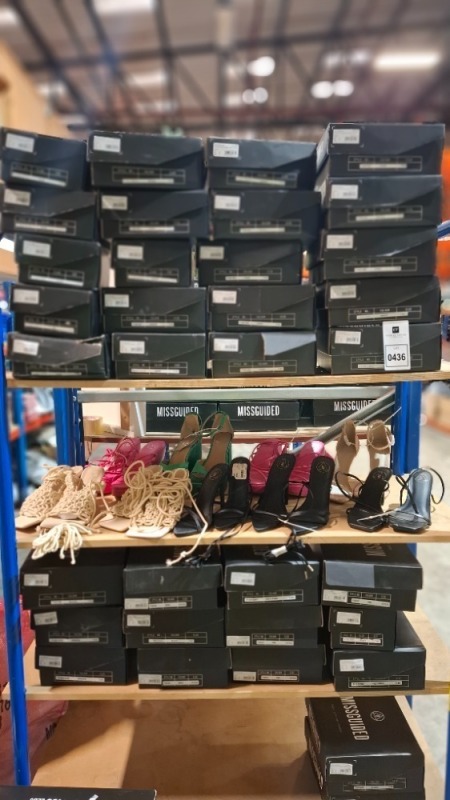 30 X BRAND NEW MISSGUIDED SHOES TO INCLUDE CROCHET TIE UP HEELED SANDAL IN HOT PINK , FAUX LEATHER PLATFORM STRAPPY SANDAL IN PINK , SQUARE TOE HIGH HEEL TIE UP SANDALS IN BLACK ETC ALL IN SIZE 7 OVER 3 SHELFS