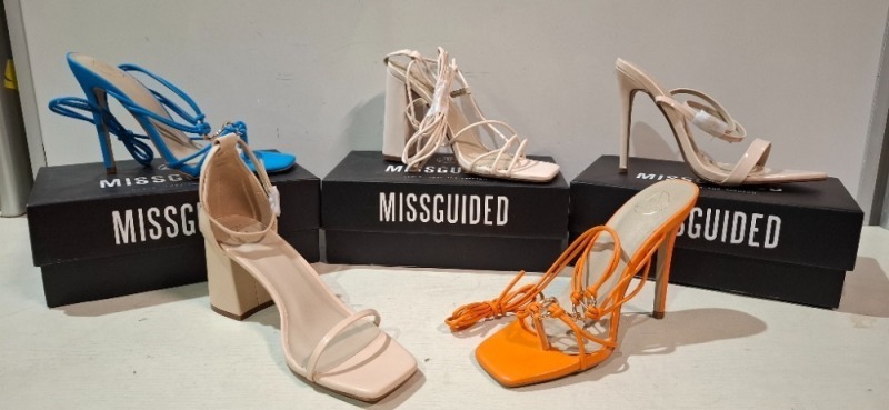 30 X BRAND NEW MISSGUIDED SHOES TO INCLUDE SQUARE TOE PERSPEX HIGH HEEL MULES IN SAND , HIGH HEEL BLOCK BARELY THERE SANDALS IN SAND , STRAPPY RING DETAIL HEELED SANDALS IN BLUE ETC ALL IN SIZE 7