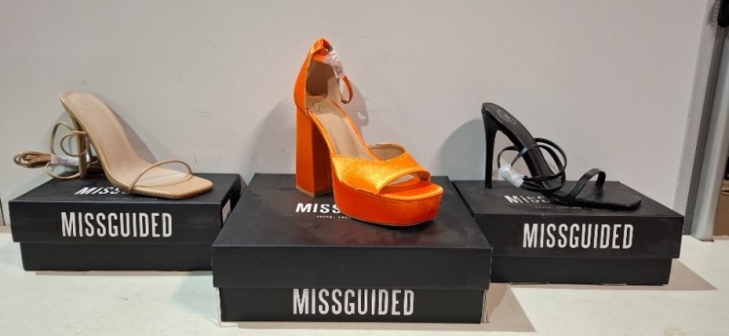 30 X BRAND NEW MISSGUIDED SHOES TO INCLUDE BASIC BARELY THERE IN BLACK , SQUARE TOE HIGH HEEL TIE UP SANDALS IN SAND , EXTREME PLATFORM SATIN HEELED SANDALS IN ORANGE ETC ALL IN SIZE 7