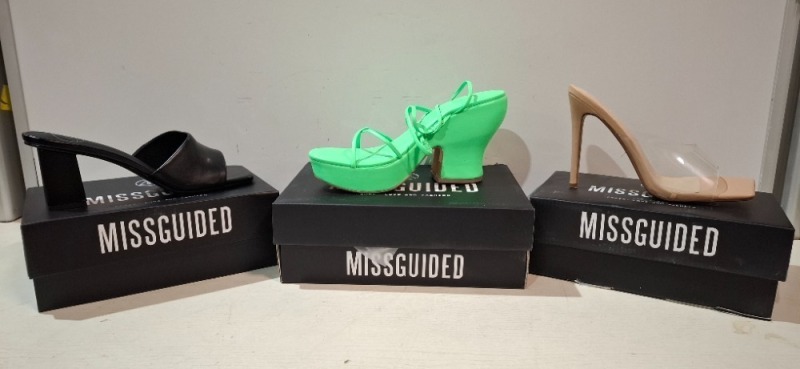 30 X BRAND NEW MISSGUIDED SHOES TO INCLUDE SQUARE TOE BLOCK HEEL MULE SANDALS IN BLACK , FAUX LEATHER PLATFORM STRAPPY SANDAL IN GREEN , SQUARE TOE PERSPEX HIGH HEEL MULES IN SAND ETC ALL IN SIZE 7