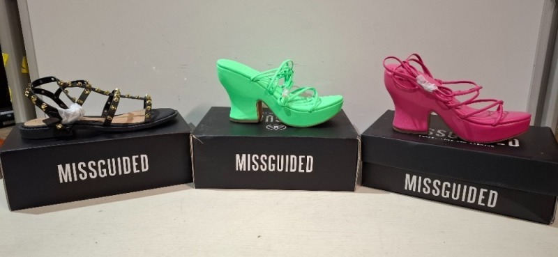 30 X BRAND NEW MISSGUIDED SHOES TO INCLUDE DONE STUD GLADIATOR SANDAL IN BLACK , FAUX LEATHER PLATFORM STRAPPY SANDAL IN GREEN , FAUX LEATHER PLATFORM STRAPPY SANDAL IN PINK ETC ALL IN SZE 6