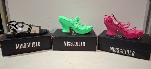 30 X BRAND NEW MISSGUIDED SHOES TO INCLUDE DONE STUD GLADIATOR SANDAL IN BLACK , FAUX LEATHER PLATFORM STRAPPY SANDAL IN GREEN , FAUX LEATHER PLATFORM STRAPPY SANDAL IN PINK ETC ALL IN SZE 6