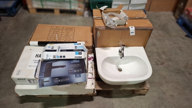 10 X MIXED BATHROOM LOT CONTAINING 3 X COOKE & LEWIS AFFINI WHITE SEMI - RECESSED BASIN , COOKE & LEWIS DOUBLE DOOR MIRROR CABINET IN GREY , 2 X HAYLE 2 DOOR MIRRORED WALL CABINET 1 IN GREY AND 1 IN WHITE , 1 X REBECCA JONES 2 DOOR UNDER SINK CABINET IN 