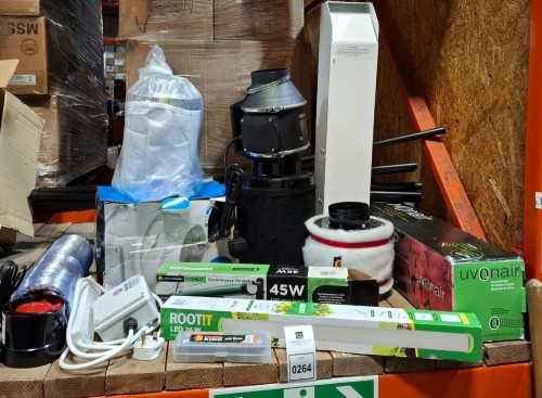 14 X PIECE BRAND NEW MIXED LOT TO INCLUDE UVOAIR ODOR ELIMINATOR - CYCLONE TWINSPEED FAN - BLACK CARBON FILTER - WHITE CARBON FILTER - RAM TWIN SPEED FAN - DUCTING - PH PEN - GREENHOUSE HEATER ETC