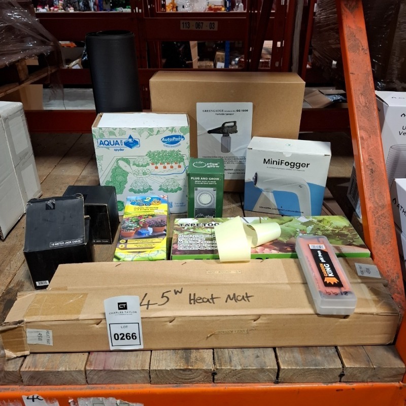 11 X PIECE BRAND NEW MIXED LOT TO INCLUDE GREENGAUGE PORTABLE SPRAYER - HEAT MATT 52X52CM - AQUA SPYDER AUTO POT WATERING SYSTEMS - PLUG AND GROW 24HOUR TIMER - 2X 10M JACK CHAIN - MINI FOGGER - PH PEN ETC