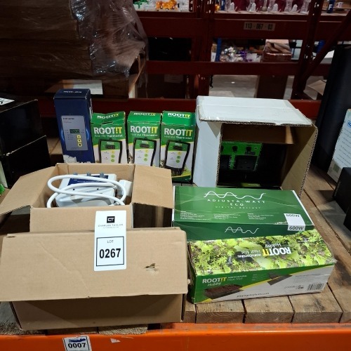 9 X PIECE BRAND NEW MIXED LOT TO INCLUDE ROOT IT HEAT MAP THERMOSTATS - TROL MASTER PPM CONTROLLER - SMSCOM TWIN CONTROLLER - KRYSTALMVENTILATION DUAL FAN AND NTEMP CONTROLLER - ADJUST WATT 600W DIGITAL BALLAST - MAMOLUX LIGHTING CONTROLLER ETC