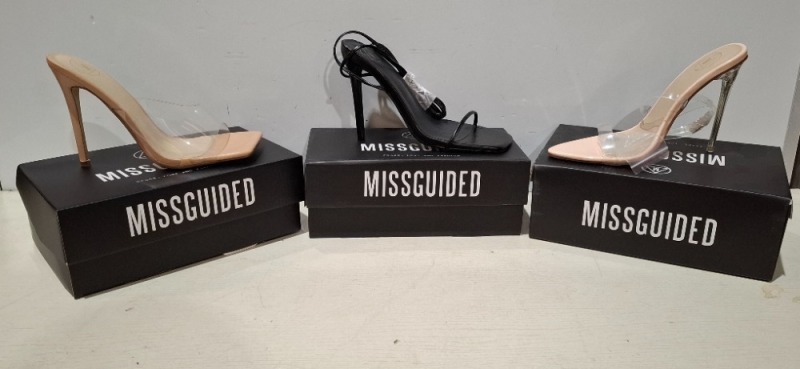 30 X BRAND NEW MISSGUIDED SHOES TO INCLUDE SQUARE TOE HIGH HEEL TIE UP SANDALS IN SAND , PERSPEX SQUARE TOE WEDGE HEEL IN NUDE , WF CLEAR POINTED TOE HIGH HEEL SANDALS IN NUDE ETC ALL IN SIZE 6