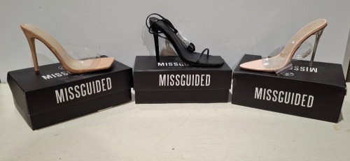 30 X BRAND NEW MISSGUIDED SHOES TO INCLUDE SQUARE TOE HIGH HEEL TIE UP SANDALS IN SAND , PERSPEX SQUARE TOE WEDGE HEEL IN NUDE , WF CLEAR POINTED TOE HIGH HEEL SANDALS IN NUDE ETC ALL IN SIZE 6