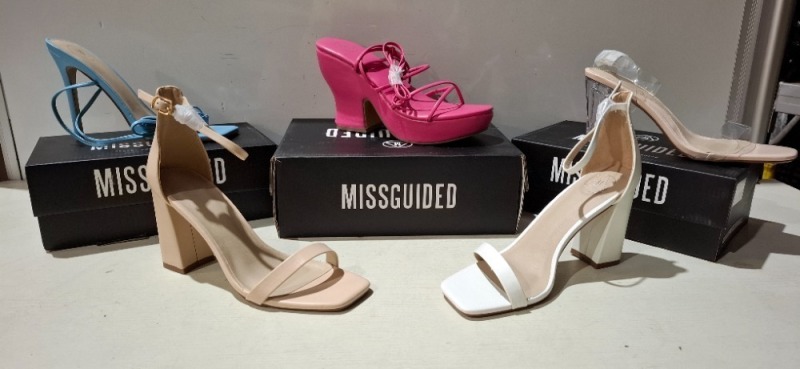 30 X BRAND NEW MISSGUIDED SHOES TO INCLUDE HIGH HEEL BLOCK BARELY THERE SANDALS IN SAND , FAUX LEATHER PLATFORM STRAPPY SANDAL IN GREEN , MID CLEAR HEEL IN NUDE ETC ALL IN SIZE 6