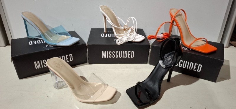 30 X BRAND NEW MISSGUIDED SHOES TO INCLUDE BARELY THERE LOW HEEL SANDALS IN WHITE , ASSYM STRAPPY HEELED SANDAL IN ORANGE , WIDE FIT MID CLEAR HEEL BLOCK IN NUDE ETC ALL IN SIZE 6