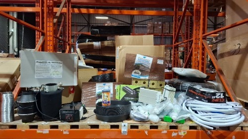 APPROX 100 PIECE MIXED LOT TO INCLUDE INLINE FAN -0 DUCTING - COCO MAT - VARIDRIVE 600W BALLASTS - GAVITA PRO 1000 WATT BALLASTS - PLANT POTS AND TRAYS - PLANT MAGIC ORGANIC FERTILISERS - CARBON FILTER - 2X 50M LDPE PIPE ETC