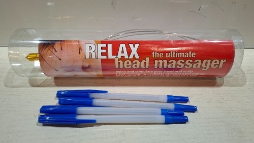 800 X BRAND NEW MIXED LOT 400 RELAX THE ULTIMATE HEAD MASSAGERS AND 400 X BLUE INK PENS